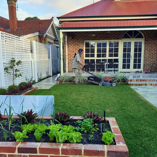 Front yard being mown beside a brick garden bed
